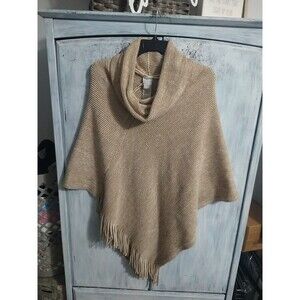 Chicos Fringed Cowl neck Beige Poncho Nwt Boho Cottage Core Feminine
